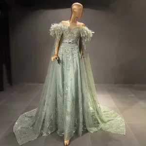 Green Capes Sleeves Luxury Evening Dresses Gowns Beaded Feather