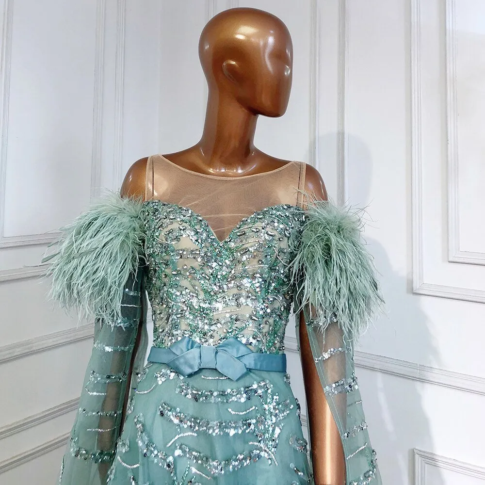 Green Capes Sleeves Luxury Evening Dresses Gowns Beaded Feather