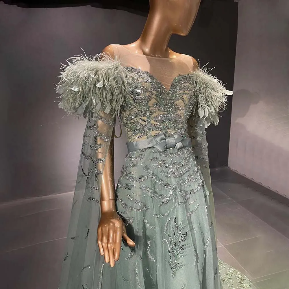 Green Capes Sleeves Luxury Evening Dresses Gowns Beaded Feather