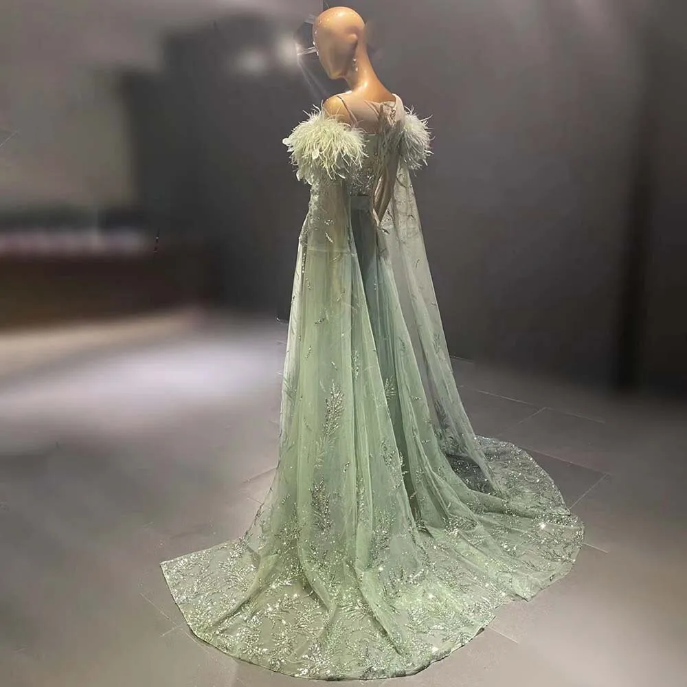 Green Capes Sleeves Luxury Evening Dresses Gowns Beaded Feather