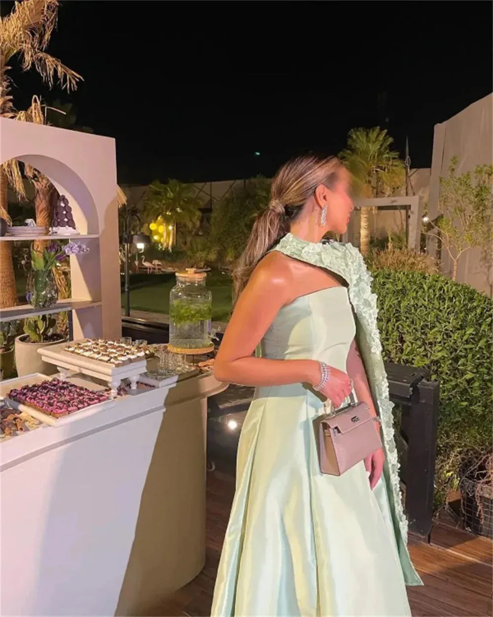 Green Satin Prom Dresses Detachable Shawl 3D Flowers Wedding Dress Elegant Sleeveless Floor-Length Vestidos De Fiesta