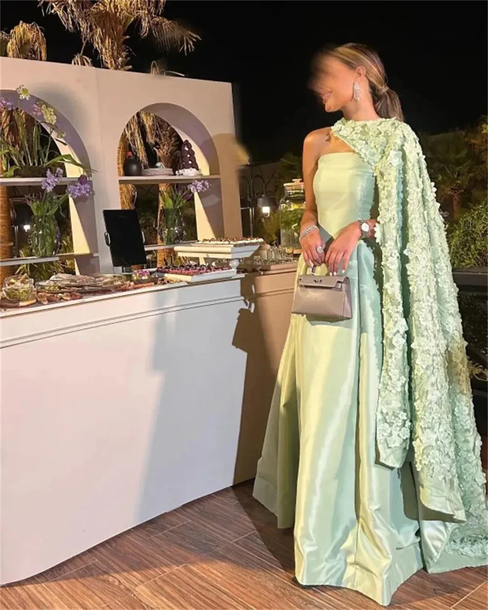 Green Satin Prom Dresses Detachable Shawl 3D Flowers Wedding Dress Elegant Sleeveless Floor-Length Vestidos De Fiesta