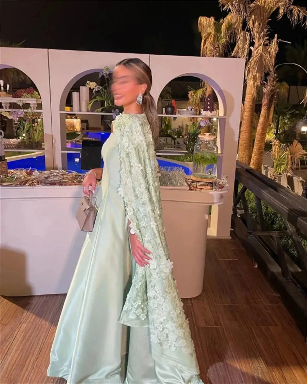Green Satin Prom Dresses Detachable Shawl 3D Flowers Wedding Dress Elegant Sleeveless Floor-Length Vestidos De Fiesta