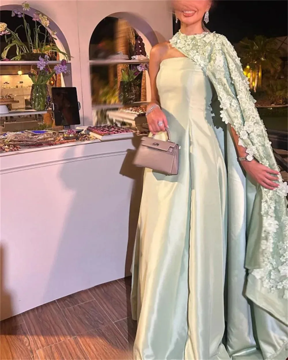 Green Satin Prom Dresses Detachable Shawl 3D Flowers Wedding Dress Elegant Sleeveless Floor-Length Vestidos De Fiesta