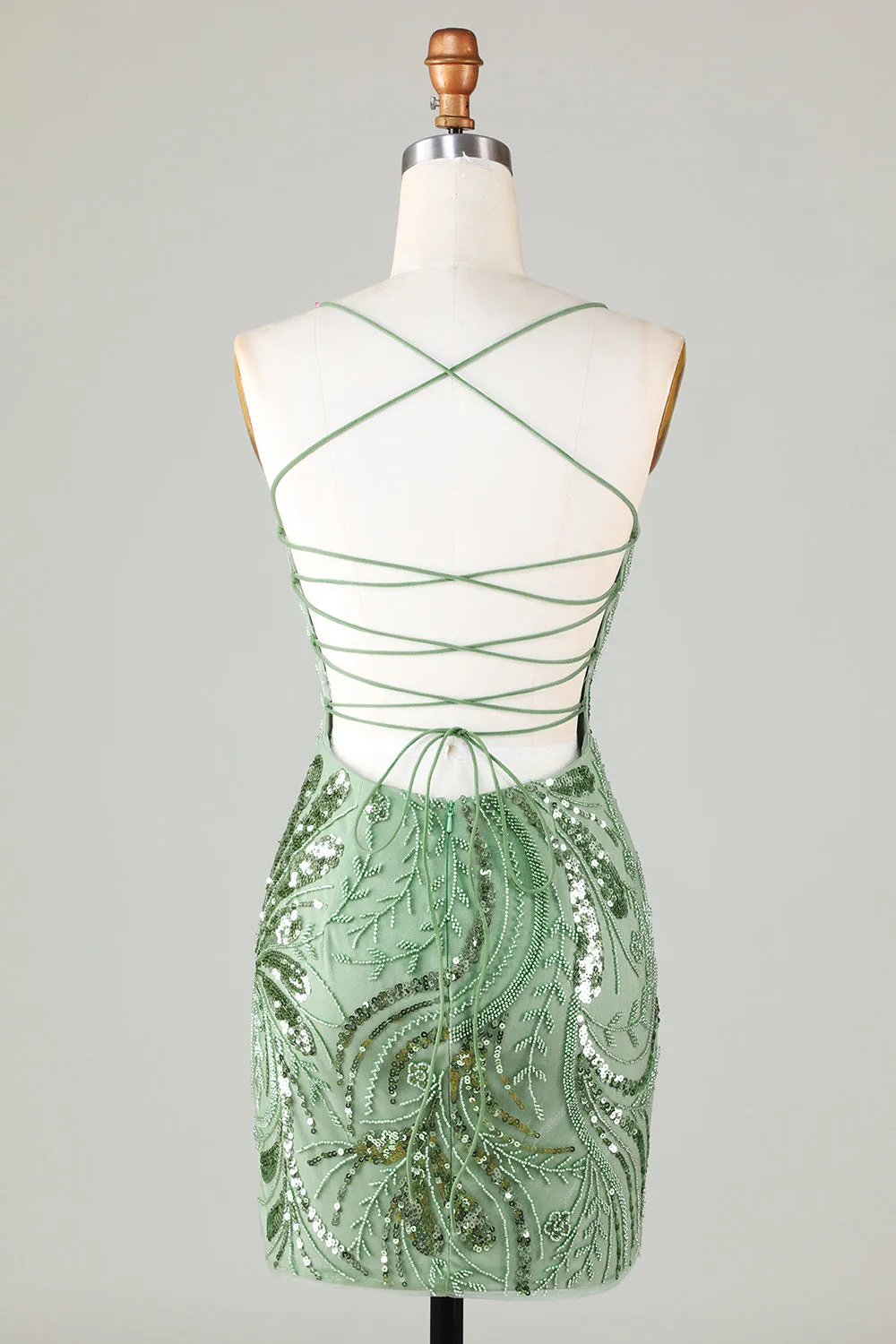 Green Sparkly Sheath Spaghetti Strap Homecoming Dress with Criss Cross Back