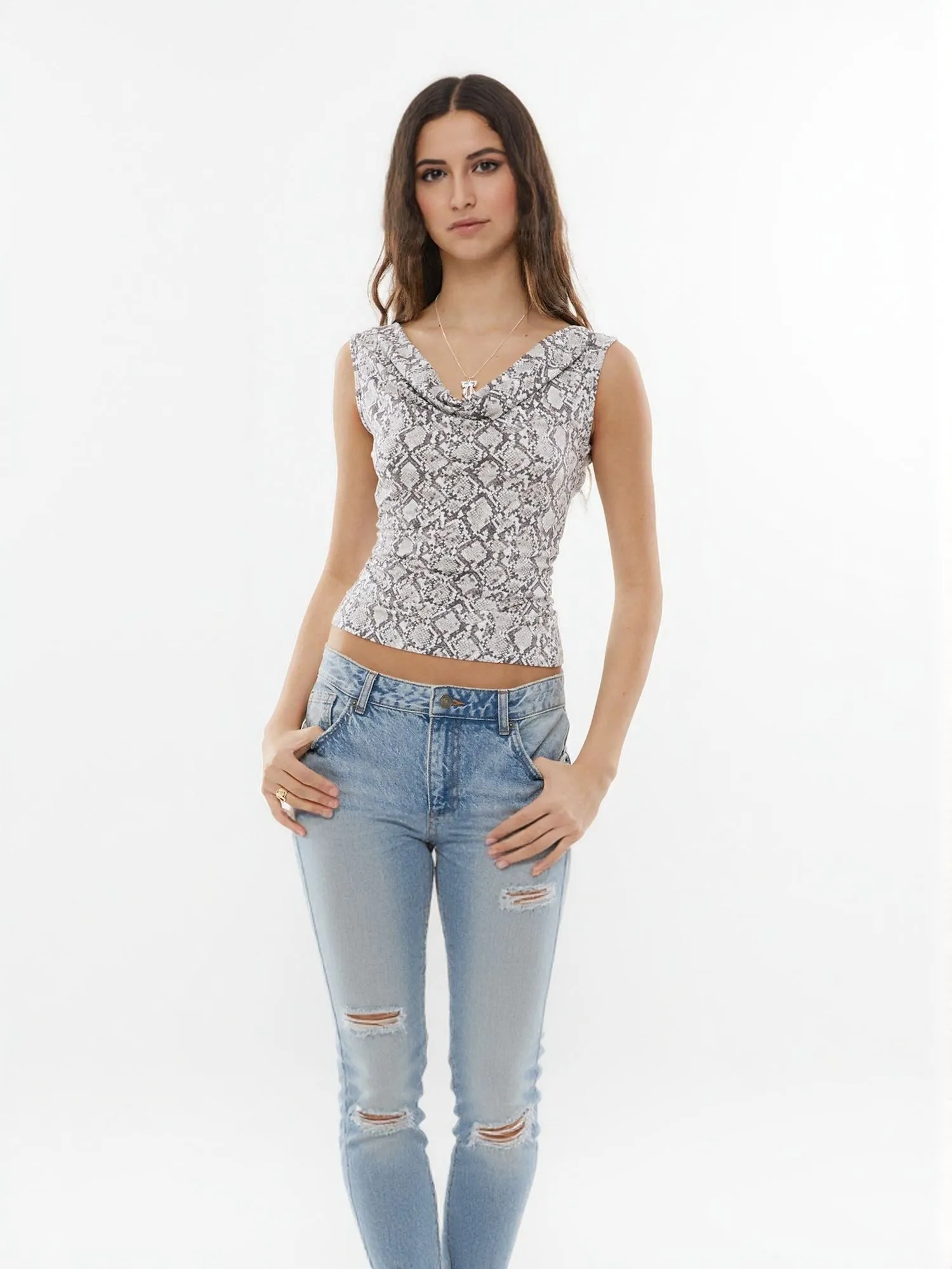 Grey Cowl Neck Animal Print Top