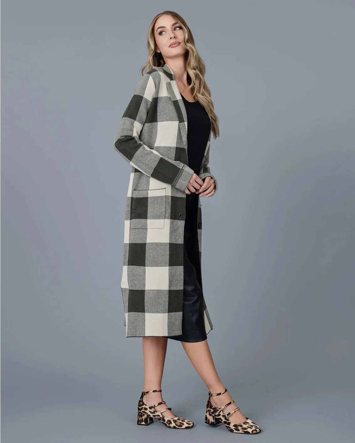 Hadley Buffalo Check Sweater Jacket - Dark Green/Cream