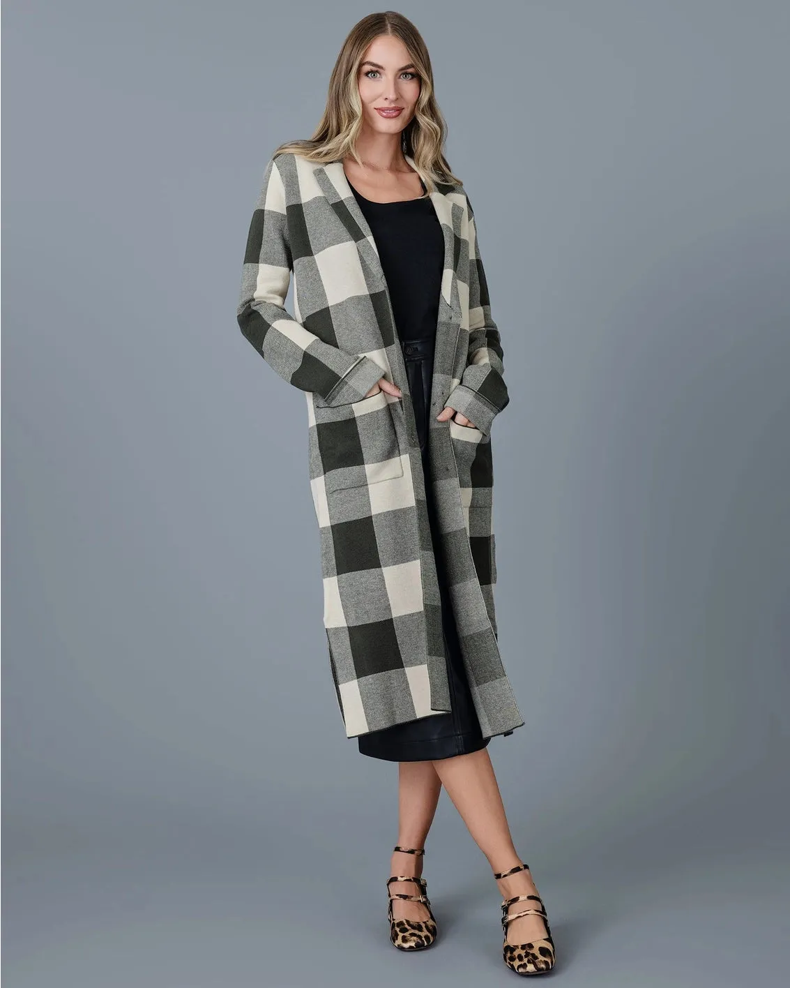 Hadley Buffalo Check Sweater Jacket - Dark Green/Cream