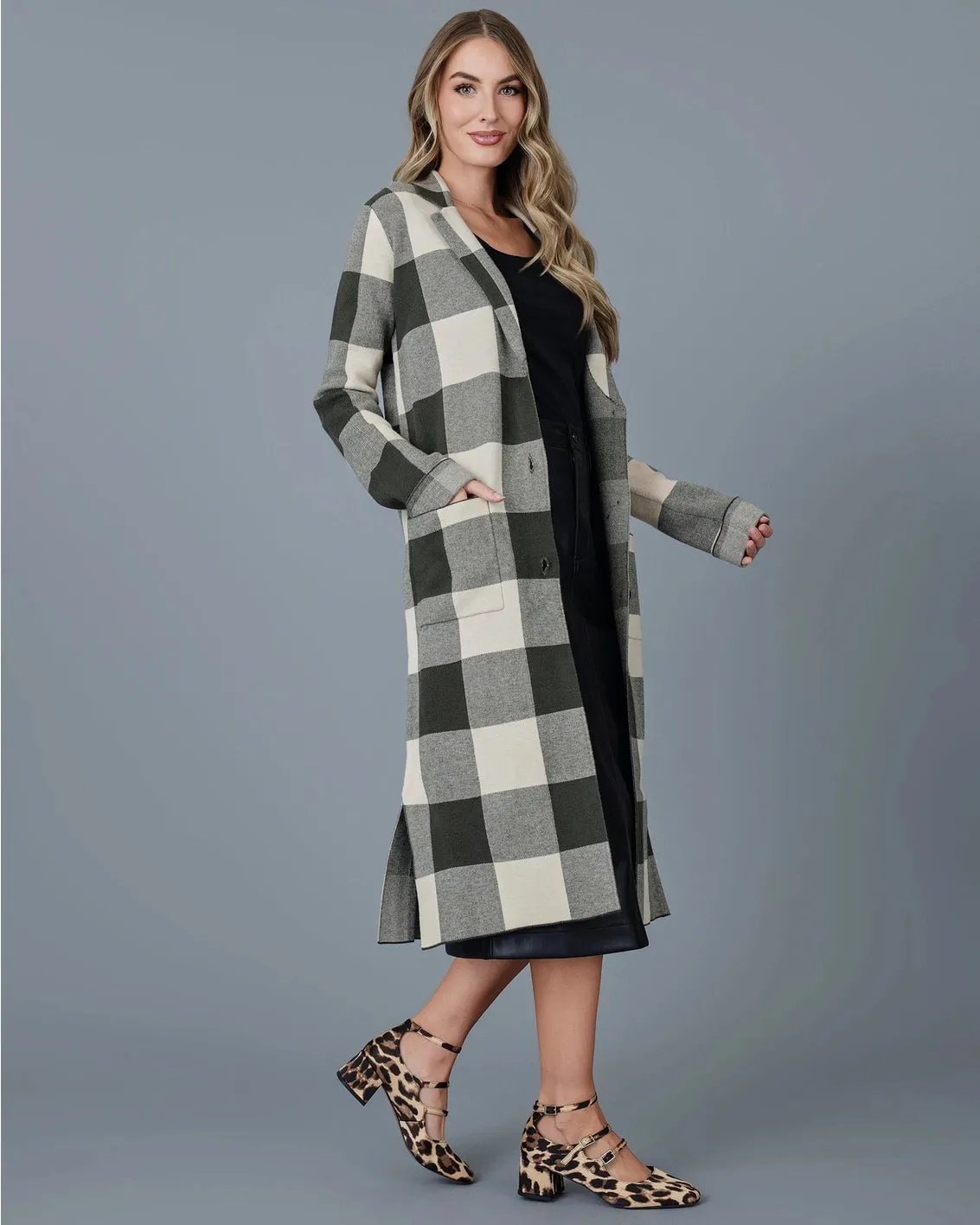 Hadley Buffalo Check Sweater Jacket - Dark Green/Cream