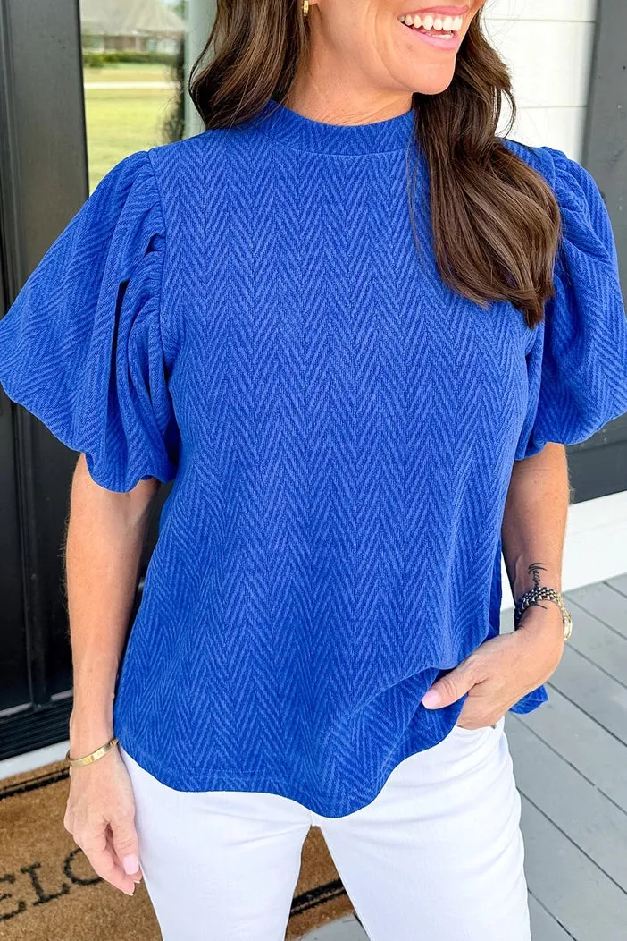 Herringbone Textured Puff Sleeve Blouse - Blue - FINAL SALE