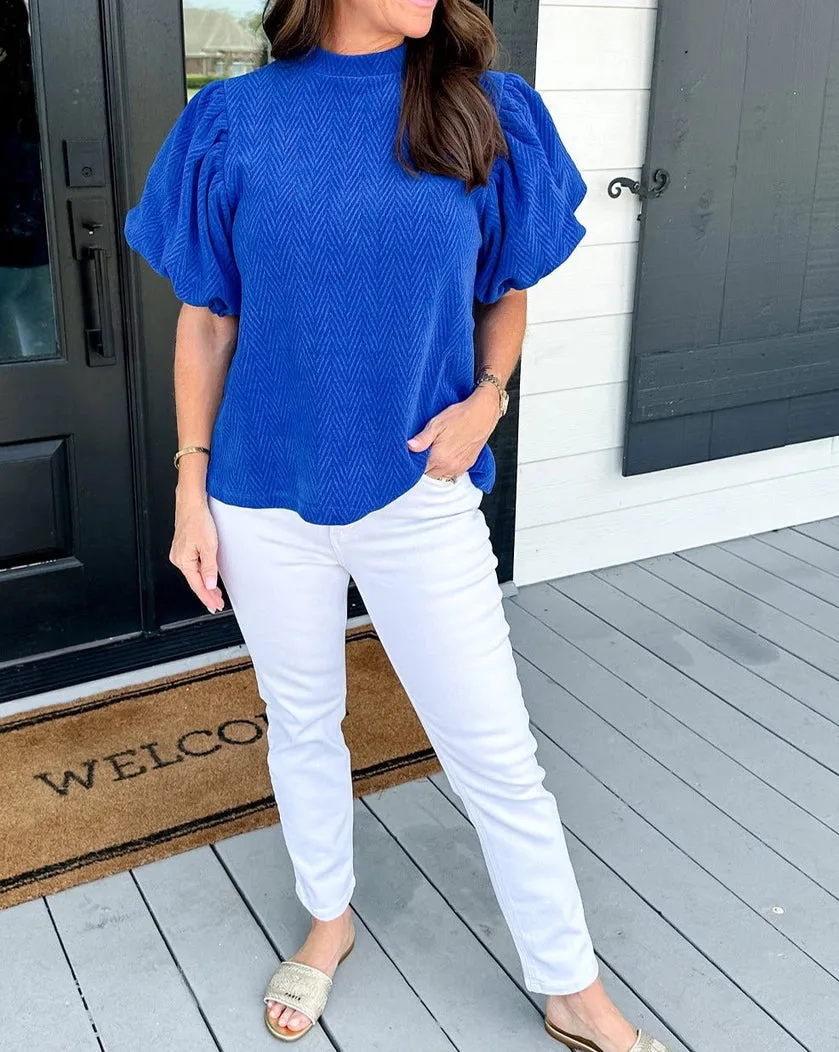 Herringbone Textured Puff Sleeve Blouse - Blue - FINAL SALE