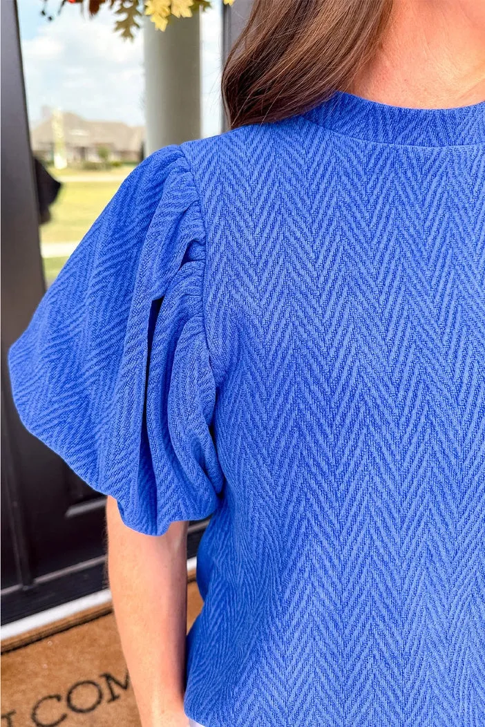 Herringbone Textured Puff Sleeve Blouse - Blue - FINAL SALE