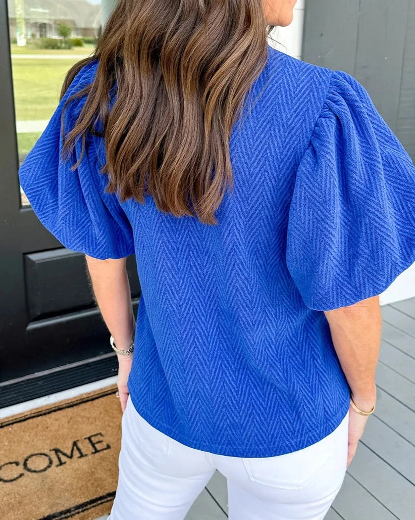 Herringbone Textured Puff Sleeve Blouse - Blue - FINAL SALE