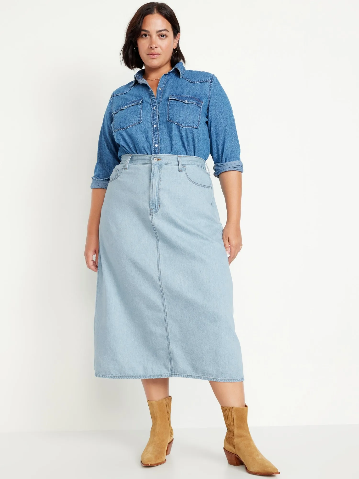 High-Waisted Wow Jean Midi Skirt