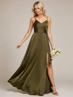 Holly Olive thin strap satin bridesmaid dress with split s8 Express NZ wide