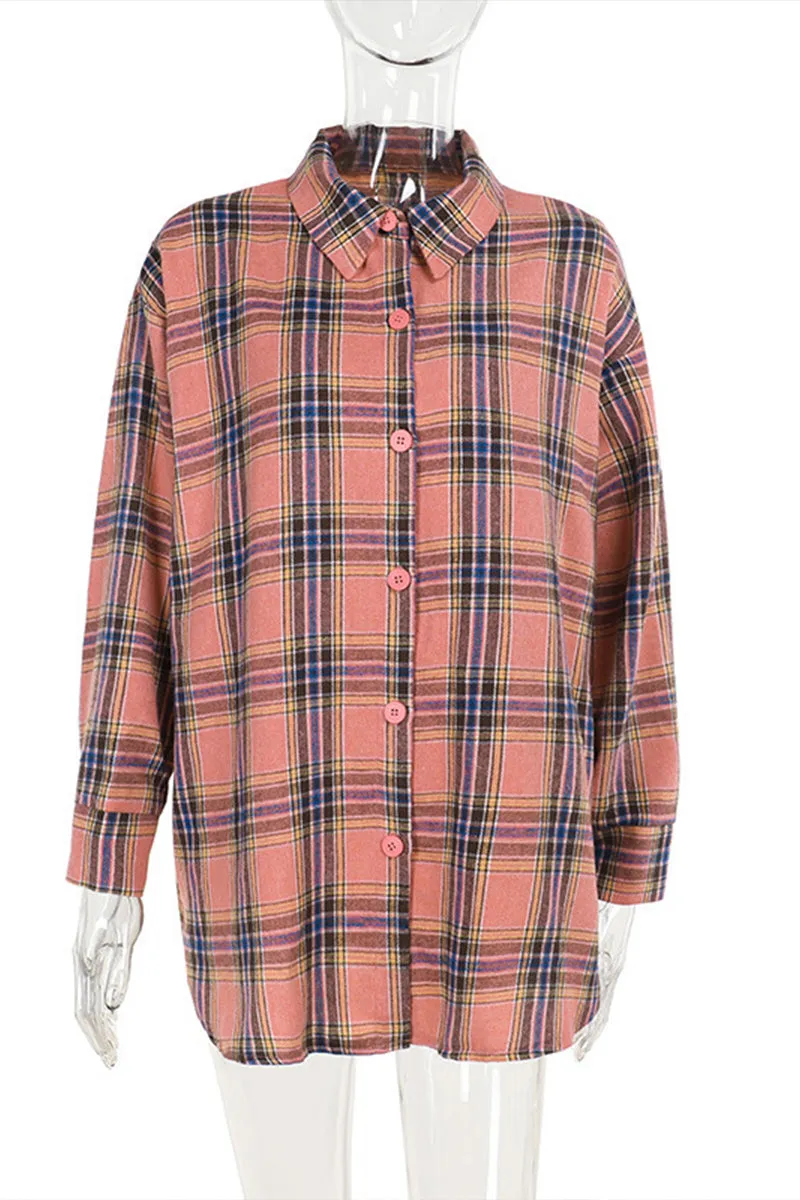 HTR1071 Plaid Tie-Front Shirt Top