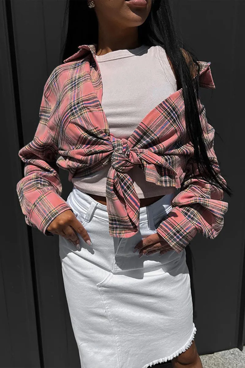 HTR1071 Plaid Tie-Front Shirt Top