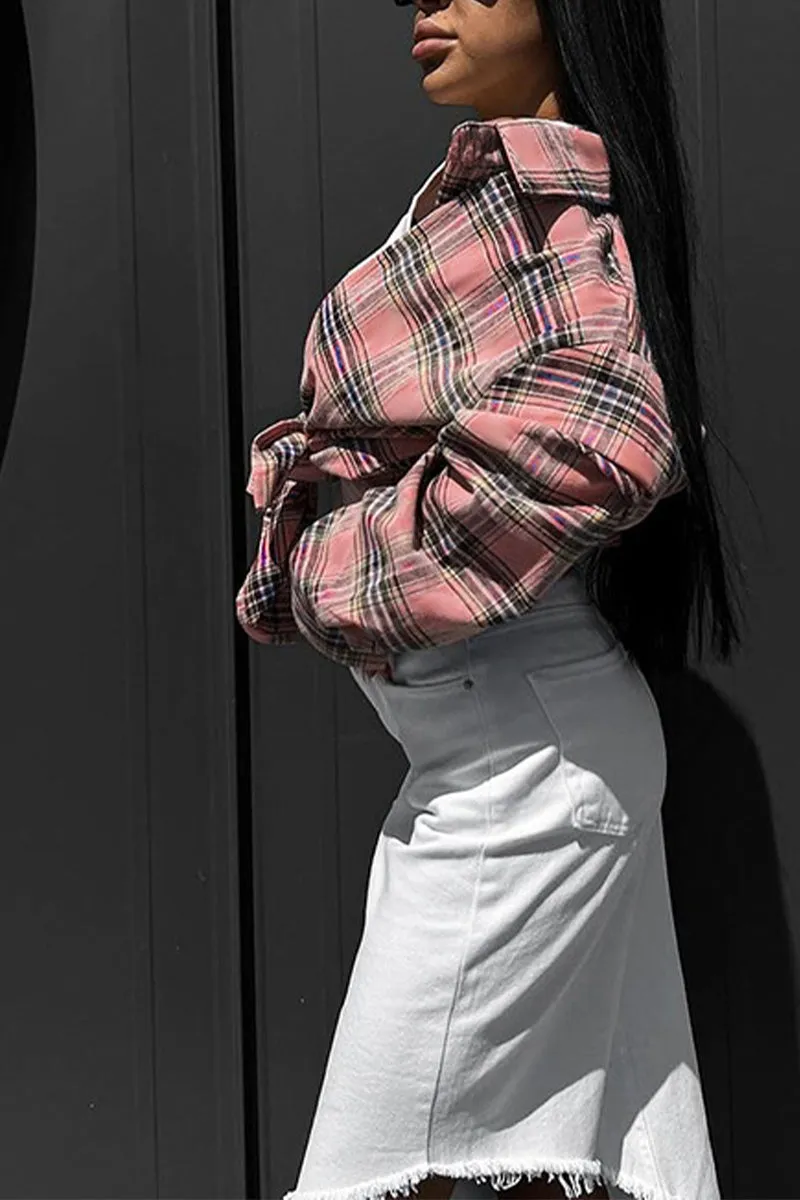 HTR1071 Plaid Tie-Front Shirt Top