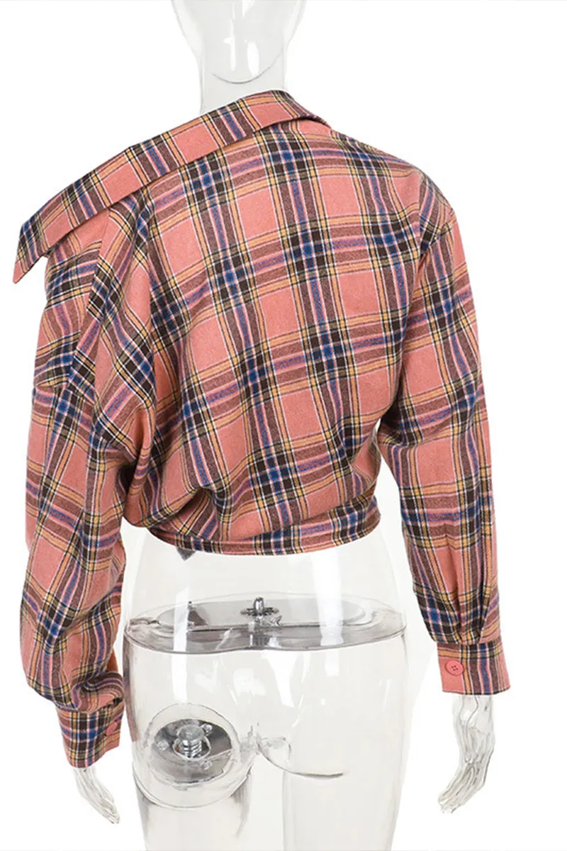 HTR1071 Plaid Tie-Front Shirt Top