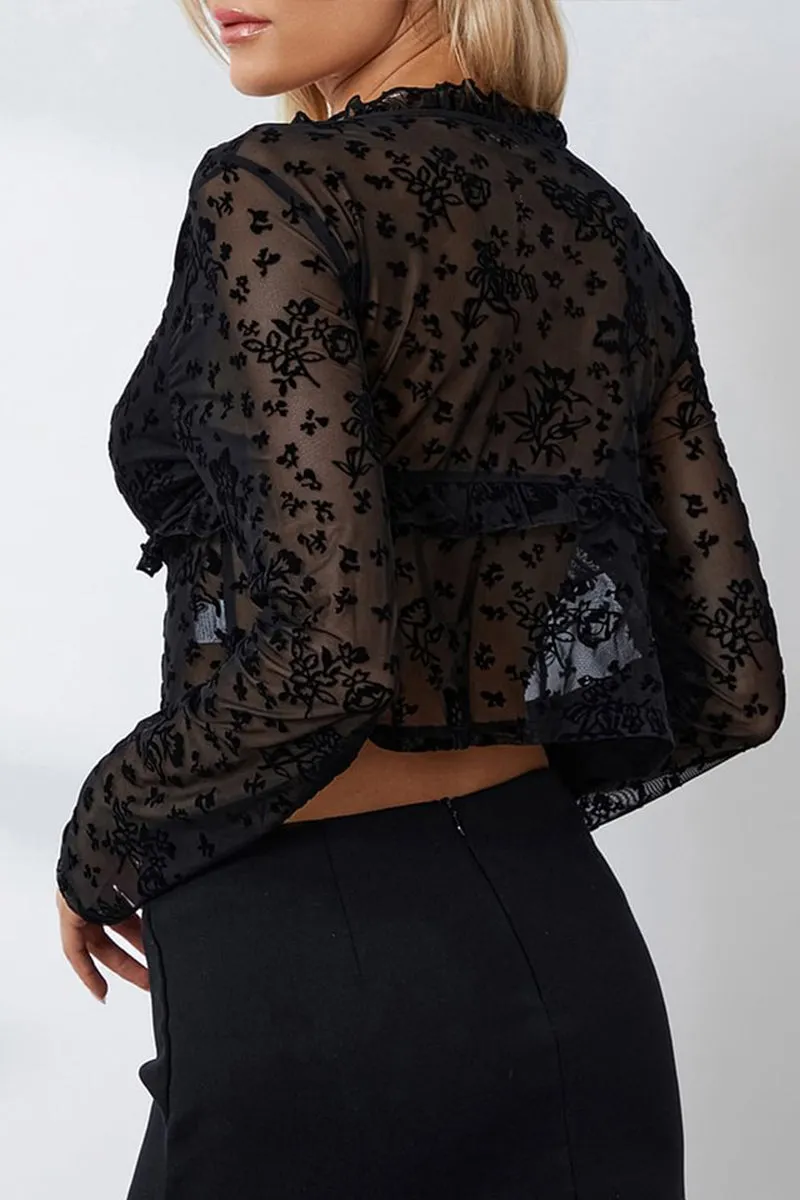 HTT1046 Midnight Lace Tie-Front Blouse Top