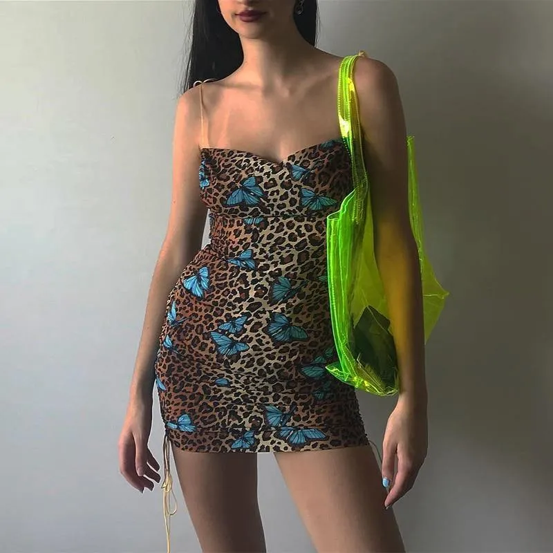 Hugcitar Leopard Print Backless Sexy Bodycon Mini Dress with Slash Neck