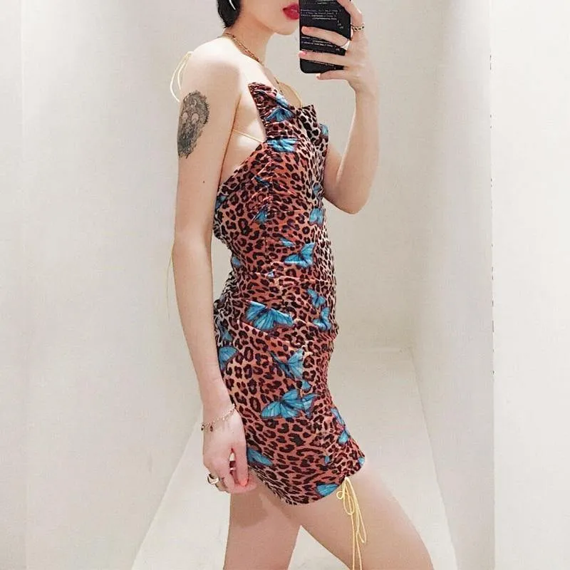 Hugcitar Leopard Print Backless Sexy Bodycon Mini Dress with Slash Neck