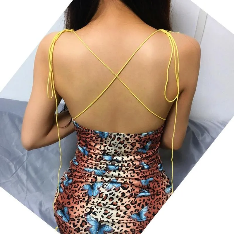 Hugcitar Leopard Print Backless Sexy Bodycon Mini Dress with Slash Neck