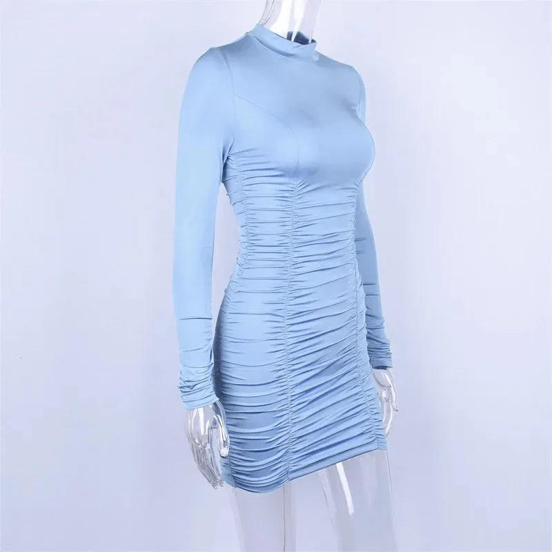 Hugcitar Satin Long Sleeve High Neck High Waist Bodycon Sexy Mini Dress