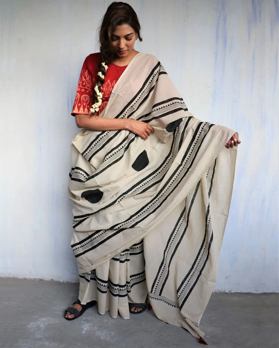 Ivory Blockprinted Cotton Mul Saree - God