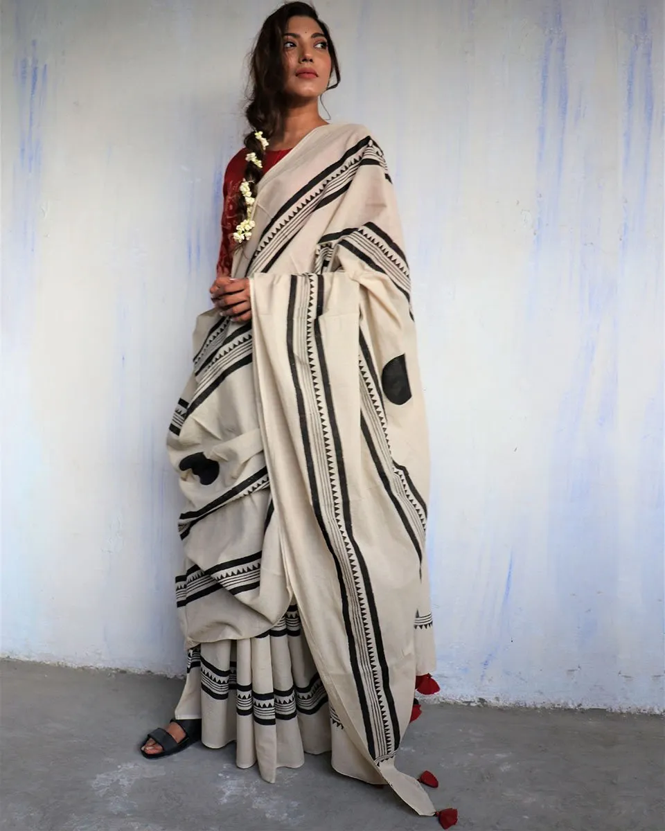 Ivory Blockprinted Cotton Mul Saree - God