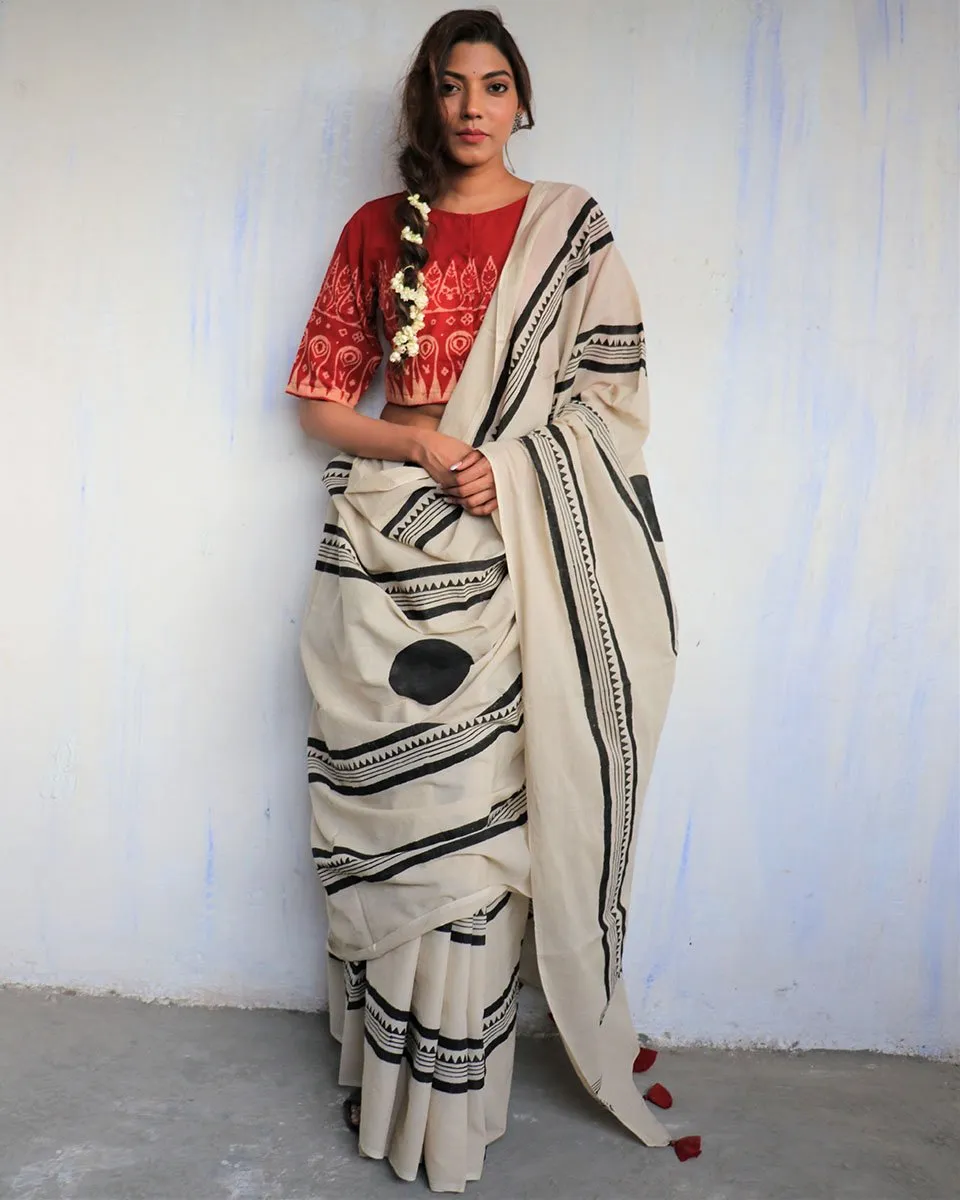Ivory Blockprinted Cotton Mul Saree - God