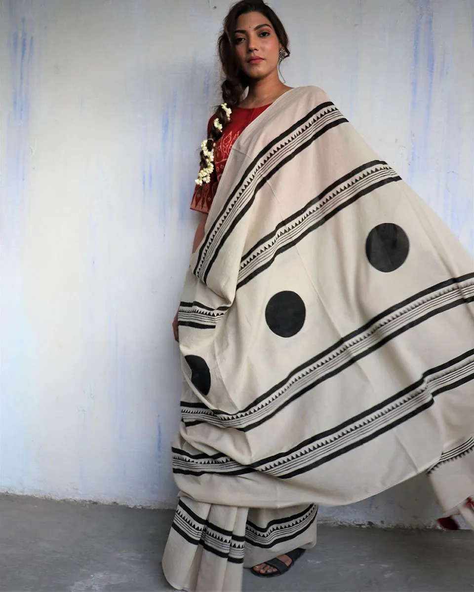 Ivory Blockprinted Cotton Mul Saree - God
