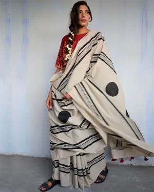 Ivory Blockprinted Cotton Mul Saree - God