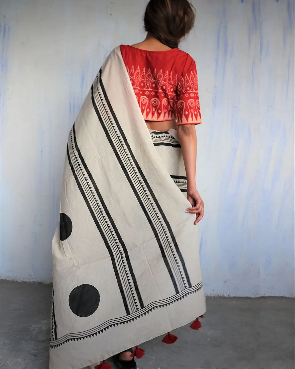 Ivory Blockprinted Cotton Mul Saree - God