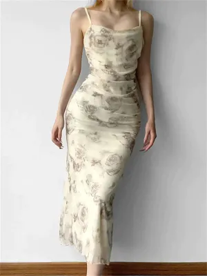 JazzHer-2024 Retro Floral Print  for Women Sleeveless Strap V-neck Ruched Split Summer Party Female Vestidos