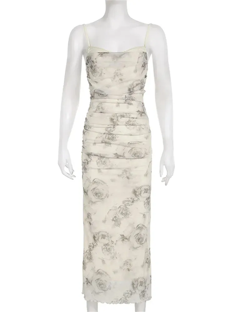 JazzHer-2024 Retro Floral Print  for Women Sleeveless Strap V-neck Ruched Split Summer Party Female Vestidos