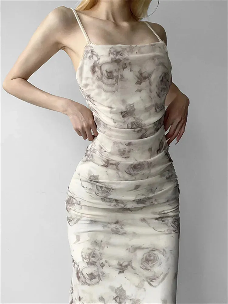 JazzHer-2024 Retro Floral Print  for Women Sleeveless Strap V-neck Ruched Split Summer Party Female Vestidos