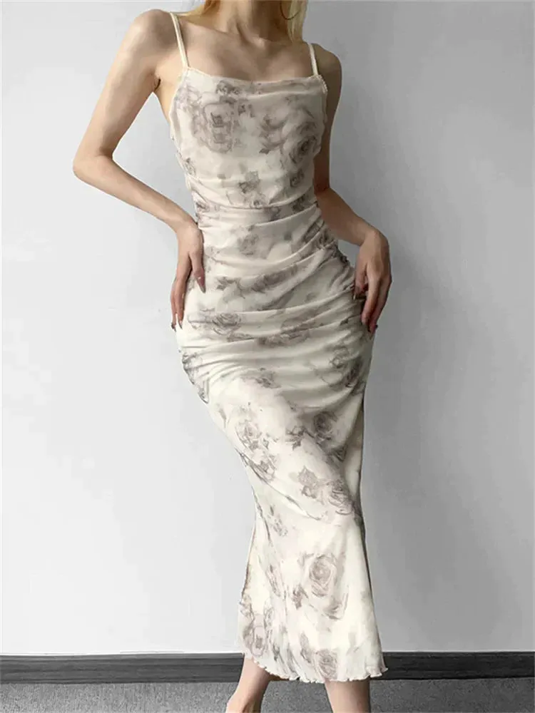 JazzHer-2024 Retro Floral Print  for Women Sleeveless Strap V-neck Ruched Split Summer Party Female Vestidos