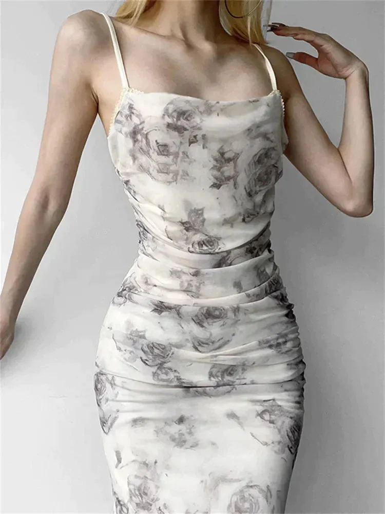 JazzHer-2024 Retro Floral Print  for Women Sleeveless Strap V-neck Ruched Split Summer Party Female Vestidos