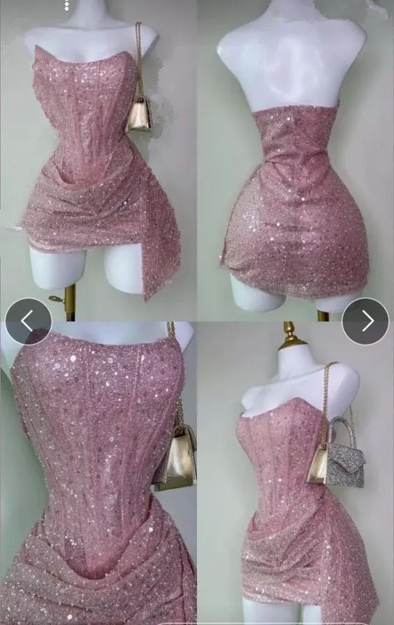 JazzHer Cheap Sheath Strapless Pink Sequin Homecoming Dresses Short Birthday Dress (PRE-ORDER)
