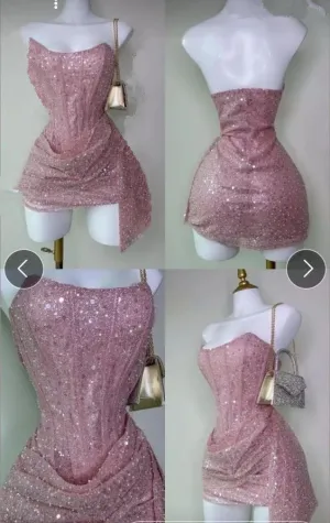 JazzHer Cheap Sheath Strapless Pink Sequin Homecoming Dresses Short Birthday Dress (PRE-ORDER)