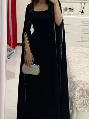 JazzHer Classy Sheath Square Neckline Long Sleeves Black Long Party Dress Prom Dresses Evening Dress (PRE-ORDER)