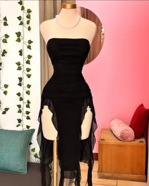 JazzHer Cute Sheath Strapless Black Chiffon Homecoming Dresses Short Birthday Dress With Ruffles (PRE-ORDER)