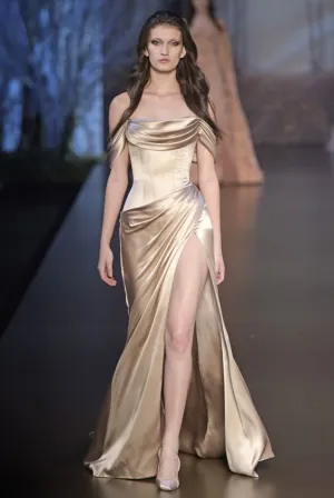 JazzHer Elegant Sheath Off The Shoulder Satin Champagne Slit Prom Dresses Evening Dress (PRE-ORDER)