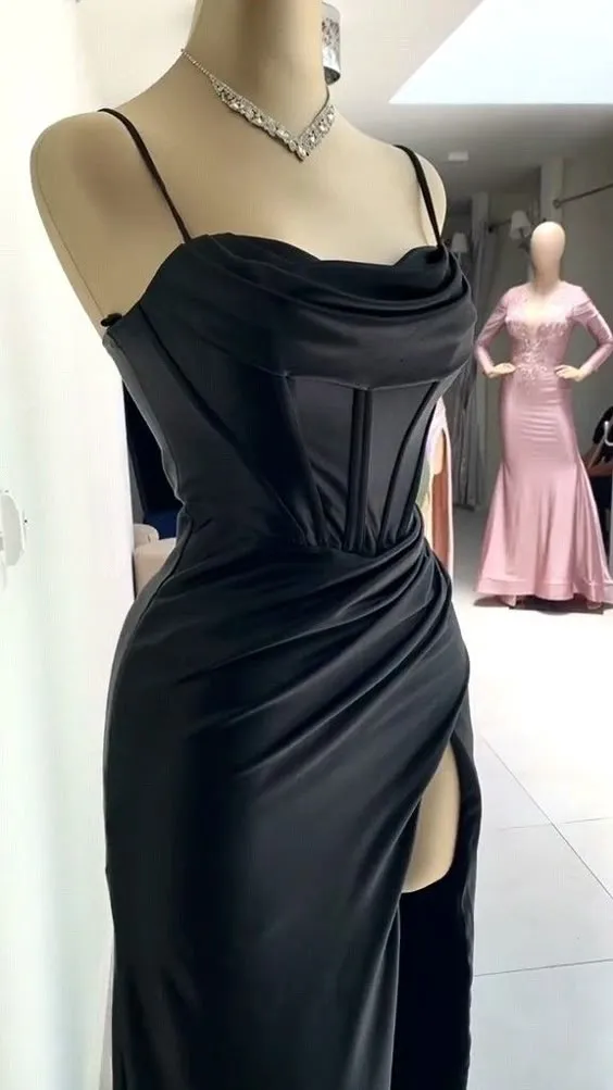 JazzHer Elegant Sheath Spaghetti Straps Black Slit Long Prom Dresses Evening Dress (PRE-ORDER)