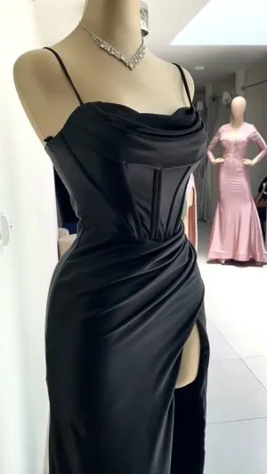 JazzHer Elegant Sheath Spaghetti Straps Black Slit Long Prom Dresses Evening Dress (PRE-ORDER)