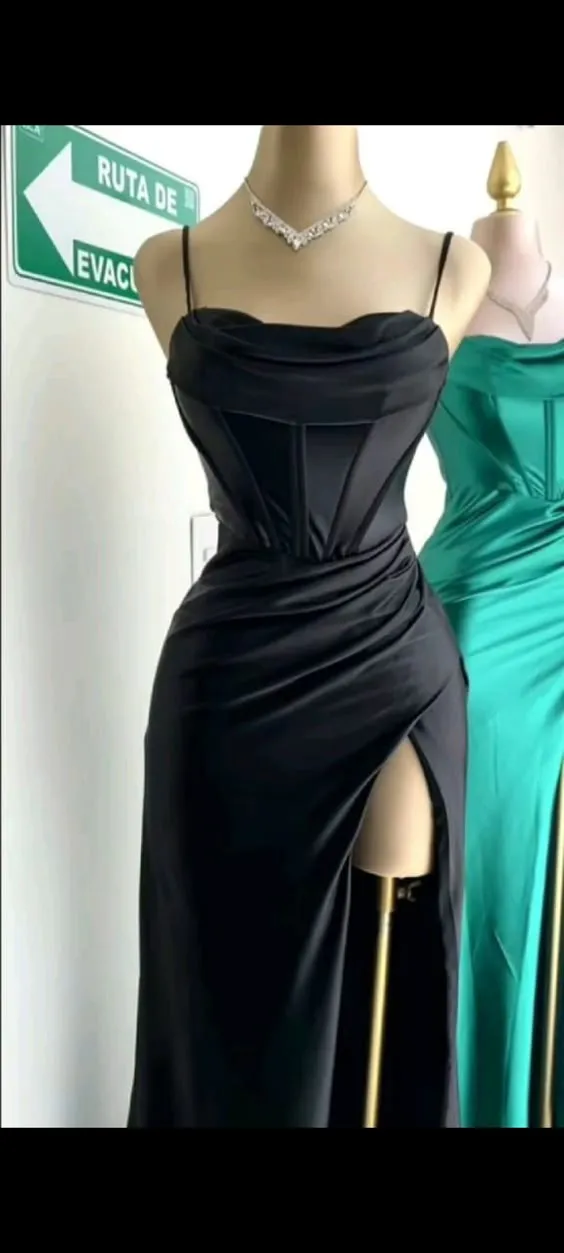 JazzHer Elegant Sheath Spaghetti Straps Black Slit Long Prom Dresses Evening Dress (PRE-ORDER)