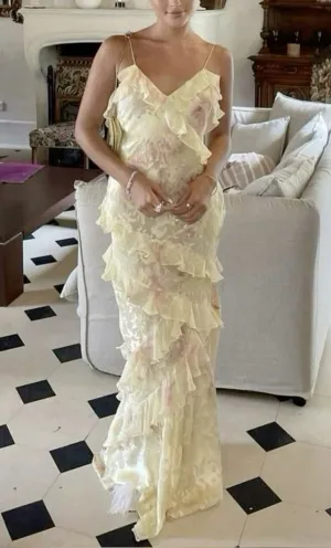 JazzHer Elegant Sheath Spaghetti Straps Yellow Lace Long Prom Dresses Evening Gowns (PRE-ORDER)