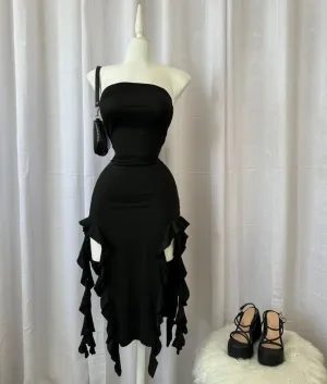 JazzHer Elegant Sheath Strapless Black Chiffon Prom Dresses Ruffles Evening Dress (PRE-ORDER)