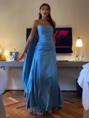 JazzHer Elegant Sheath Strapless Blue Satin Prom Dresses With Ribbon Long Slit Evening Dress (PRE-ORDER)